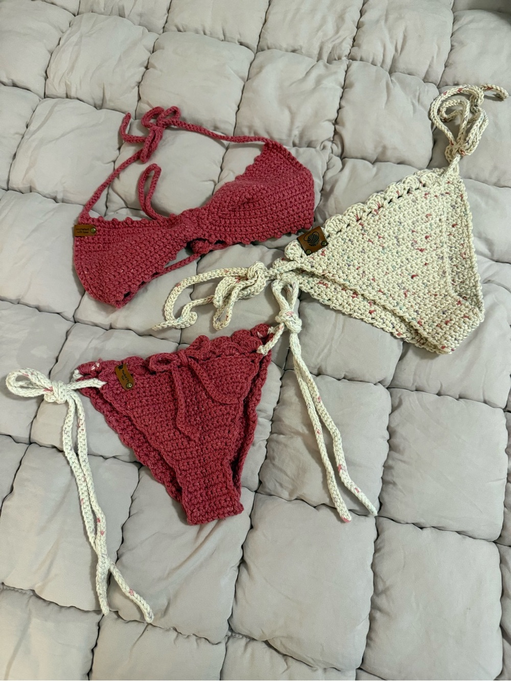 Handmade Crochet Bikini Set in Rose and Cream — Women's Tie Side Swimwear
